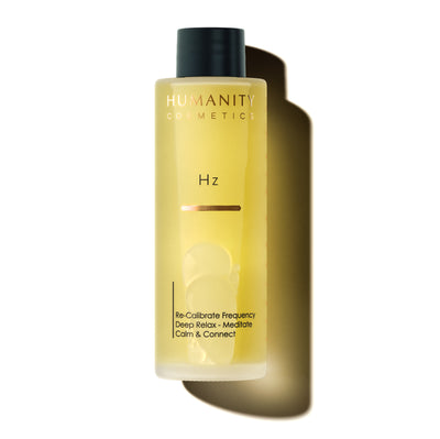 Hz Bath & Shower Oil, extracting inspiration from centuries of deep relaxing meditative practices, to deliver a ‘next level’ experience of relaxation, 100% Organic sweet almond oil selected for its hypoallergenic properties making it suitable for all skin types and deeply nourish the skin by Humanity Cosmetics