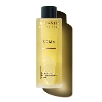 SOMA Bath & Shower Oil essential oil blend contains oils used for centuries to help alleviate muscle and joint aches and pains, 100% Organic sweet almond oil selected for its hypoallergenic properties making it suitable for all skin types and deeply nourish the skin by Humanity Cosmetics